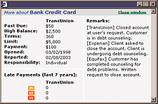 TransUnion Credit Report - Account History Popup