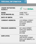 TransUnion Credit Report - Personal Information Section