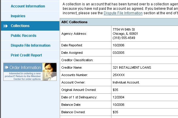 Equifax Credit Report - Collections Section Equifax Credit Report - Collections Section