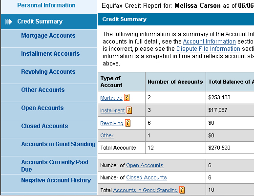 Equifax Credit Report - Credit Summary Section Equifax Credit Report - Credit Summary Section