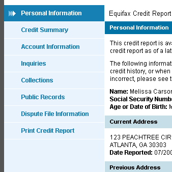 Equifax Credit Report - Menu